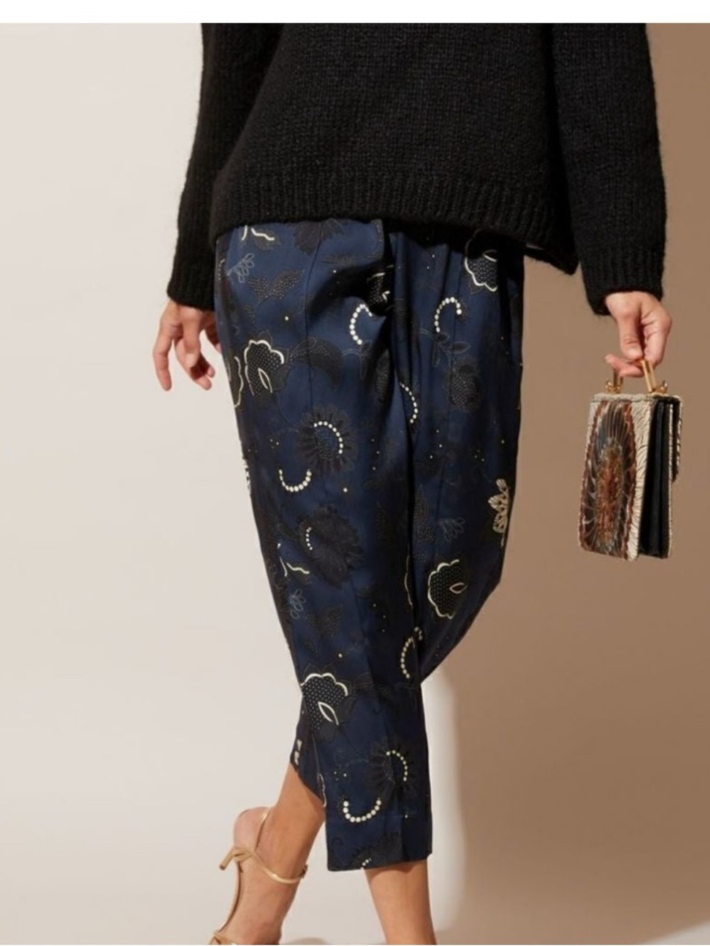 Women’s Tucker Silk floral print Navy blue wide leg pants elastic waistband XL